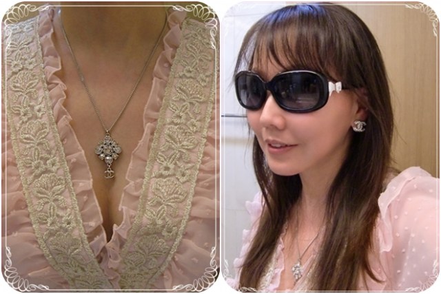 *Chanel蝴蝶結太陽眼鏡--白色圓框&巴洛克菱形雙色鑽雙C logo項鍊