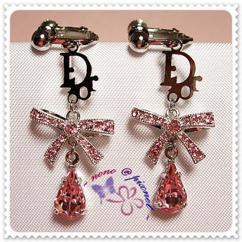 *Dior Logo蝴蝶結粉晶鑽耳環