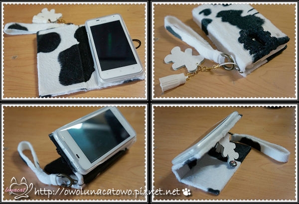 【小物DIY】 HTC J 的乳牛外套~側翻式手機皮套DIY